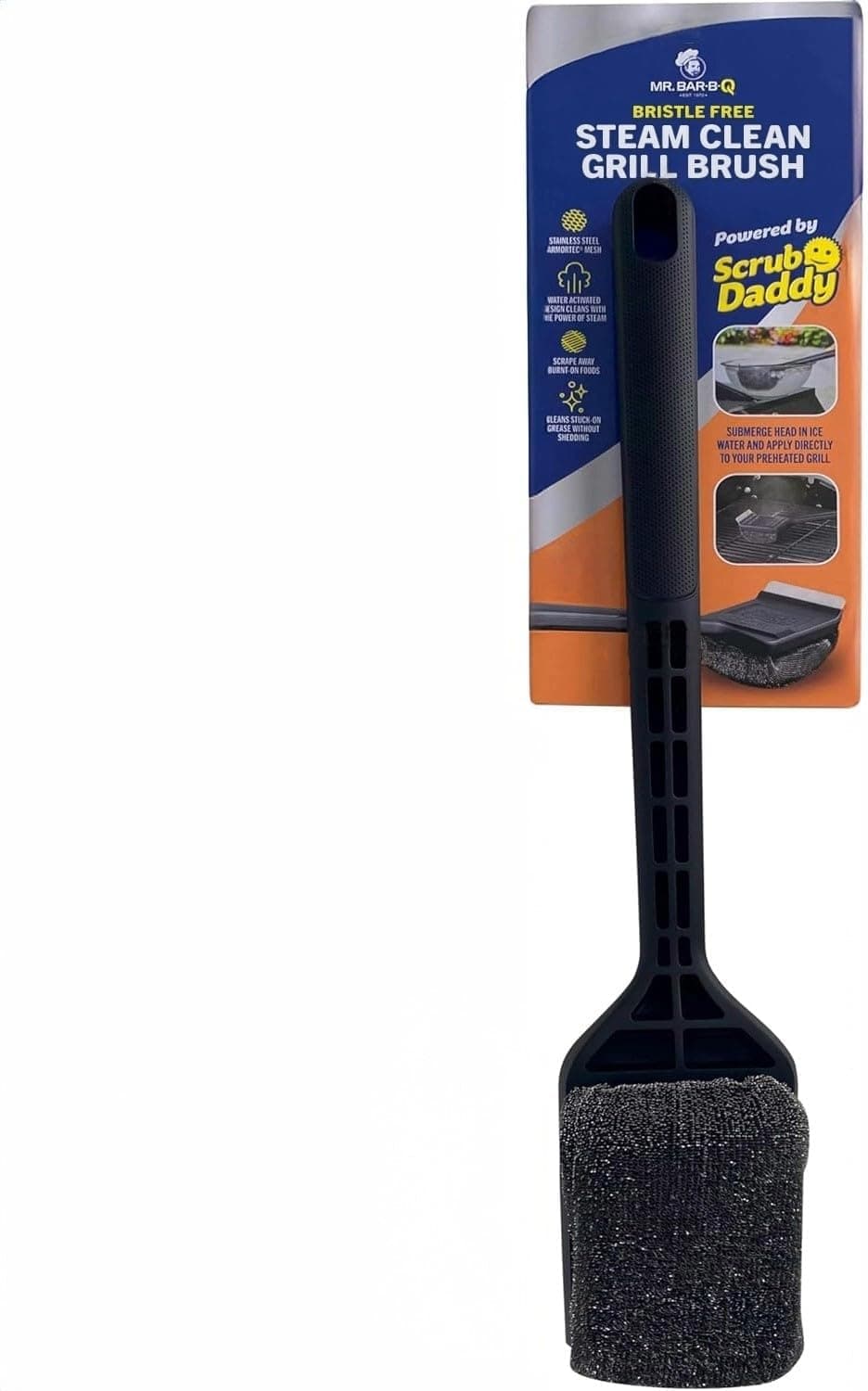 Mr. Bar-B-Q Steam Clean Bristle-Free Grill Brush, Powered by Scrub Daddy — porcelain grates where a wire brush is the wrong tool