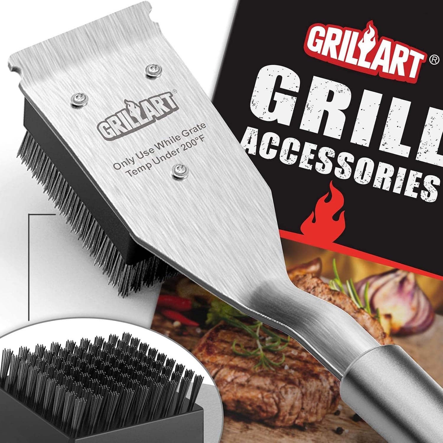 GRILLART Wire Grill Brush and Scraper, 16.5 inch — heavy carbon on bare stainless or cast iron
