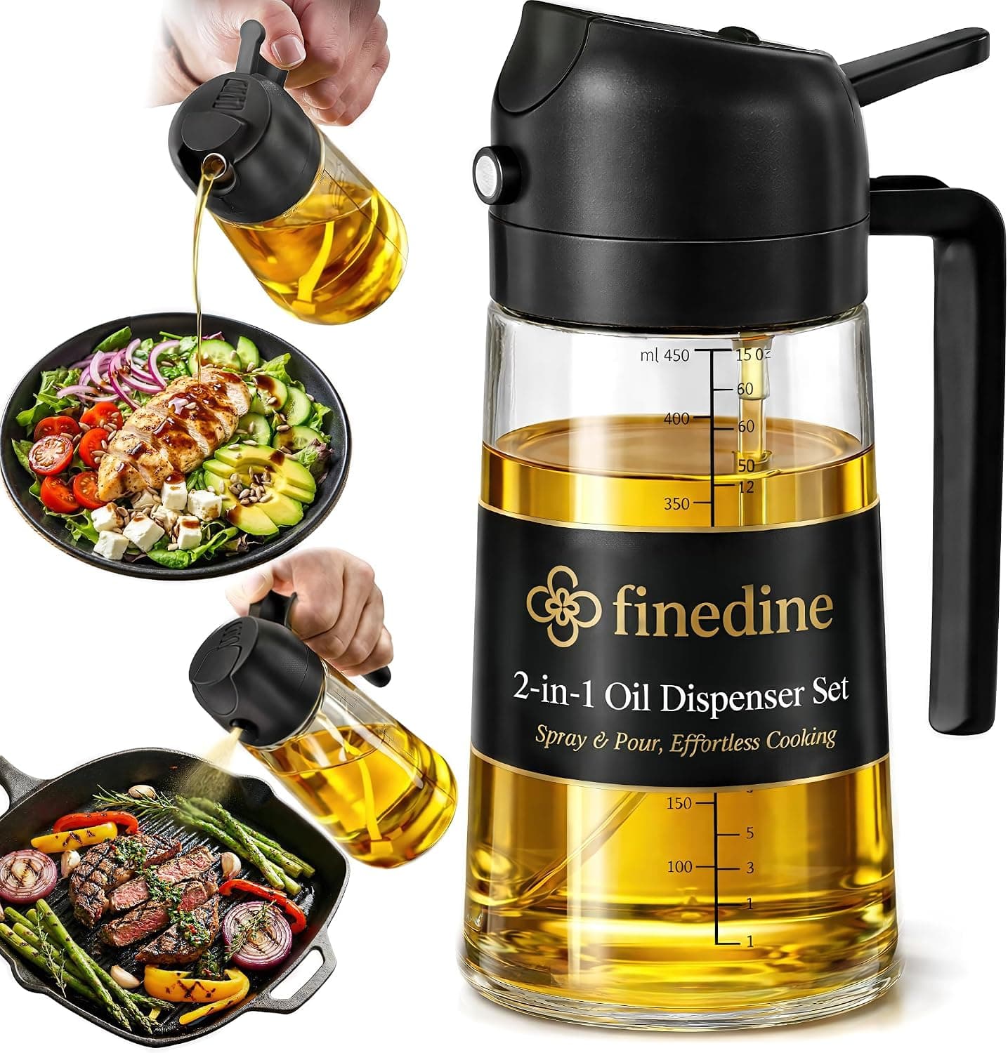 FineDine Glass Oil Sprayer, 16 oz — switching between misting and measuring
